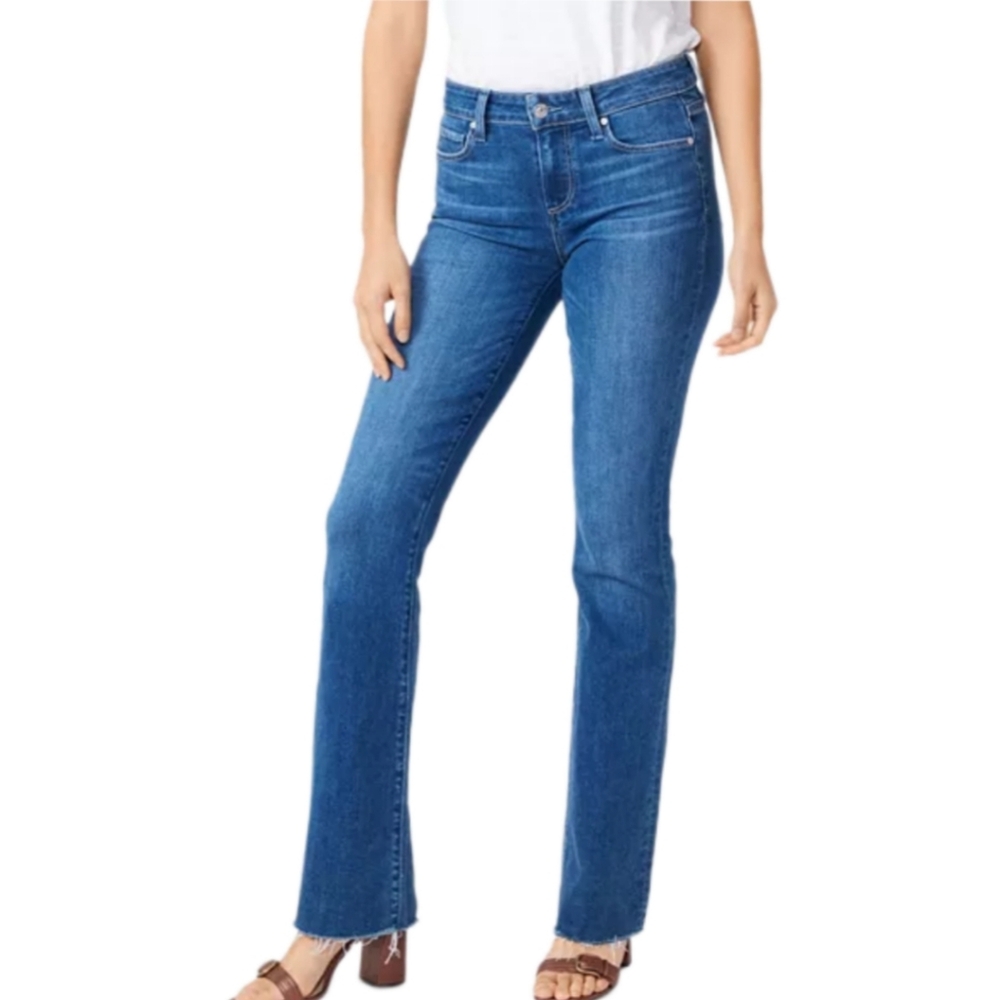 Paige Manhattan Jeans in Duty Womens 30 Slim Bootcut Raw Hem Mid Rise Denim Blue